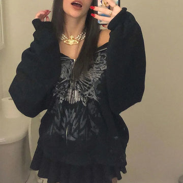 Getadme-Y2K Gothic Butterfly Print Oversize Zip Up Hoodies Winter New Grunge Long Sleeve Sweatshirt Casual Hooded Jacket Streetwear